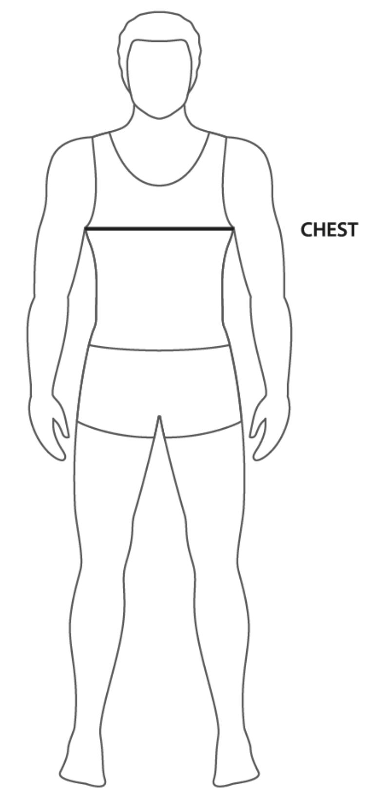 Picture of a person silhouette indicating placements of measurements with black lines.